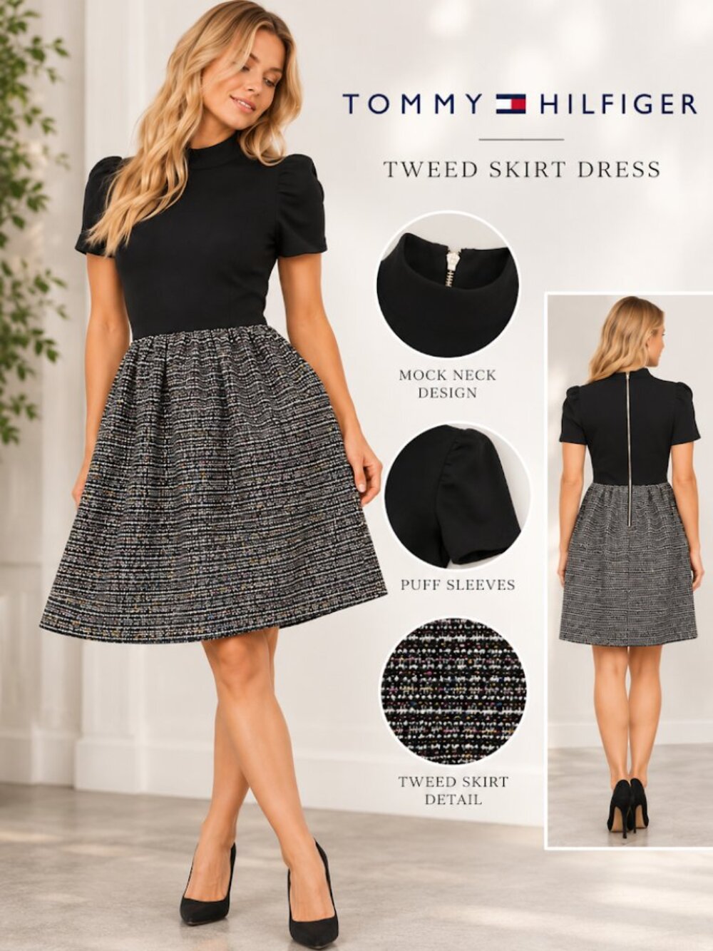 Tommy Hilfiger Mixed-Media Mock Neck Tweed Skirt Dress – Black & Gray Multi